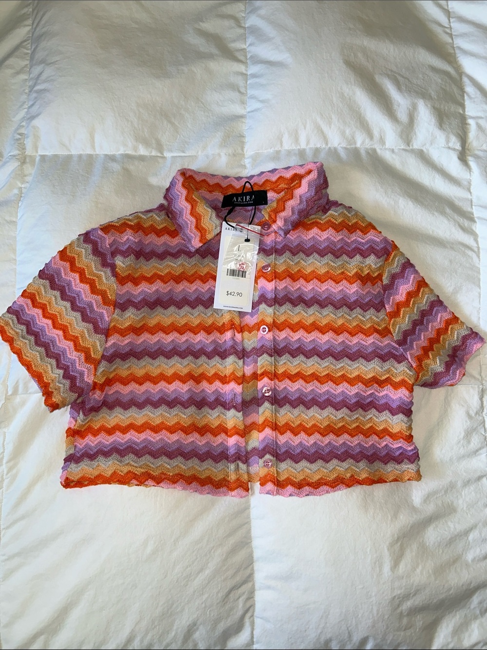 AKIRA Pink Orange Purple Zigzag Crop Button-Up Top CHEVRON design size Large